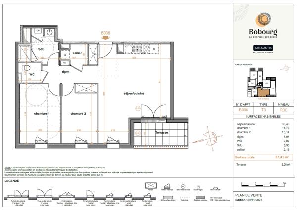Vente appartement 3 pièce(s) 64 m²