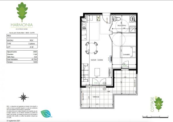 Magnifique T2 de 46 m² avec sa terrasse de 16 m², un double stationnement et une cave