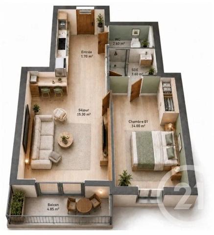 Appartement F2 à vendre  2 pièces - 43,90 m 2   THIAIS  - 94