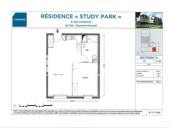 Location Appartement 2 pièces 43.05 m² - STUDY PARK - A69 Clermont-ferrand 63100