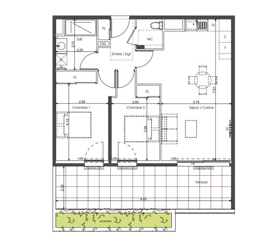 Vue Mer. Appartement T3, terrasse  exposition Sud (La  Corniche Sète)