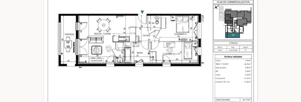 Appartement Les Sorinieres 3 pièce(s) 64.43 m2