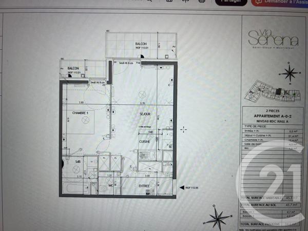 Appartement F2 à vendre  2 pièces - 45,70 m2 ST CLOUD - 92