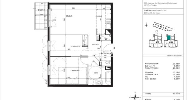 Location Appartement 3 pièces 60.55 m² - Chelles 77500