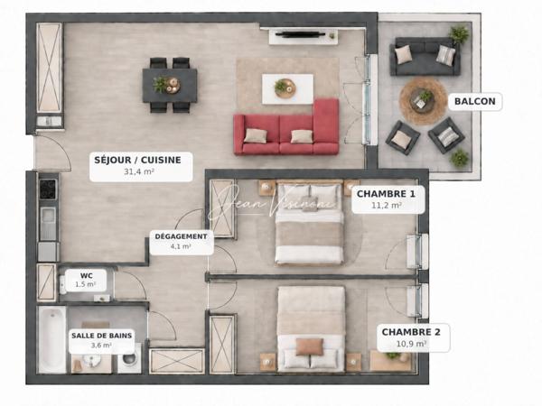 Appartement à vendre 3 pièces de 62 m²