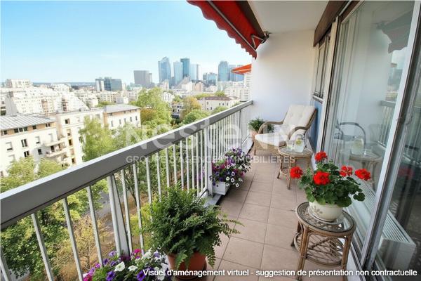 Appartement Courbevoie 3 pièces 70 m2 vue Paris et Tour Eiffel bonne exposition balcons étage élevé traversant proche commodités écoles transports
