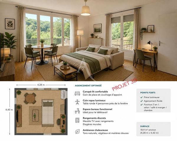 Billère - T1 lumineux avec 2 balcons, parking en sous-sol et grande cave