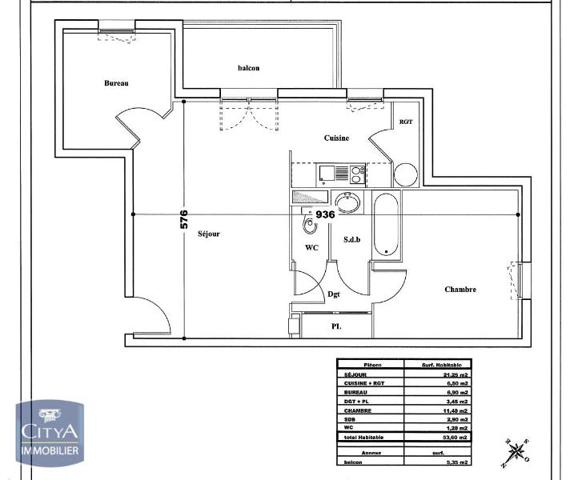 Appartement à louer 2 pièces 53.6m²