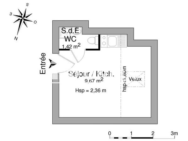 Location Studio 11.1 m² - 36 RUE SEDAINE Paris 75011