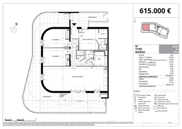 Appartement  traversant  4 pièce(s) 100.60 m2
