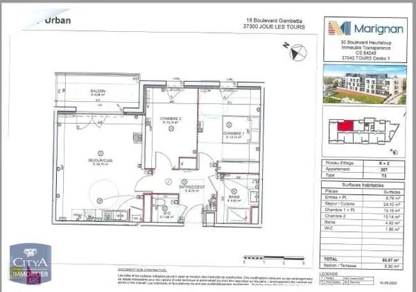 Appartement à louer 3 pièces 60.97m² Joué-lès-Tours (37300)
