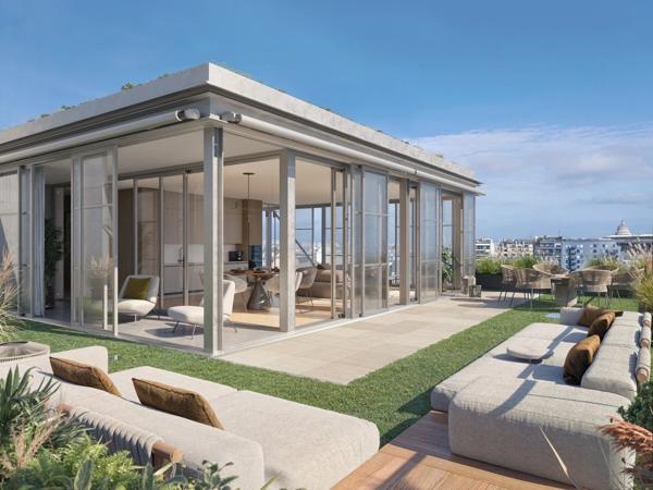 Studio neuf à vendre PARIS 14e, surface habitable 25.50 m2 + jardin d'hiver 9 m2 + terrasse 13.80 m2.