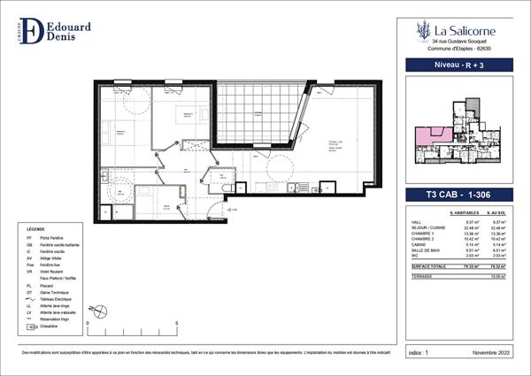 Appartement Etaples 3 pièces + cabine 79.32m² + terrasse 15m²