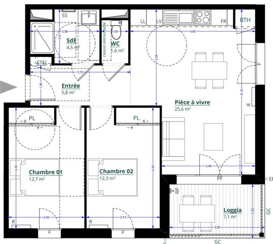 Appartement T3 au premier et dernier étage avec terrasse et parking sécurisé
