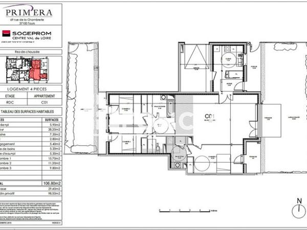 Location Appartement 4 pièces 106.8 m² - 69 RUE DE LA CHAMBRERIE Tours 37100