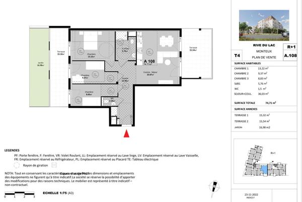 APPARTEMENT T3- 74,71 m² Idéalement situé: 242000  avec 2 terrasses et jardin , double  parkings. Très Grand confort MONTEUX (84170)