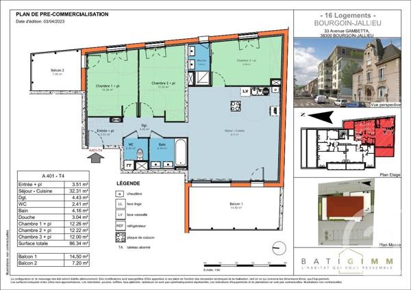 Appartement T4 à vendre  4 pièces - 86,34 m2 BOURGOIN JALLIEU - 38